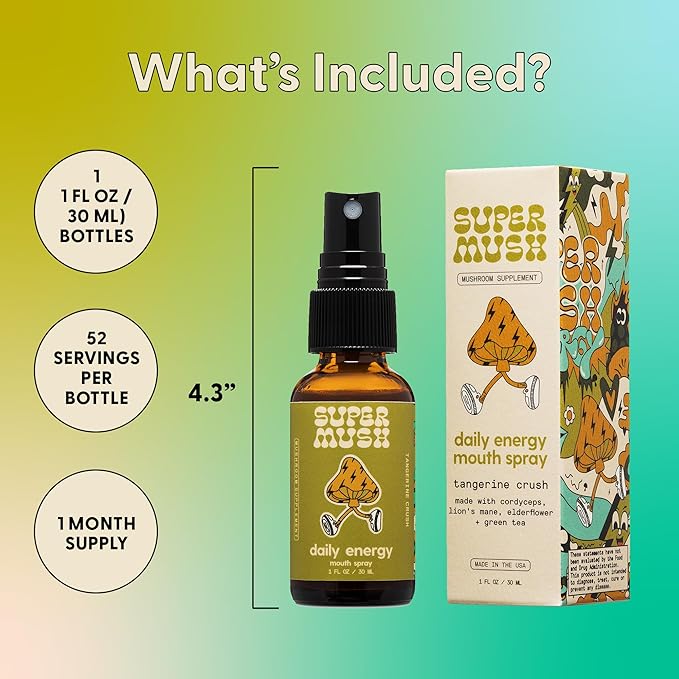 SuperMush Daily Energy Mouth Spray - Mushroom Supplement - Lions Mane & Cordyceps Mixed Mushrooms Extract Pure Liquid Sprays for Focus, Stamina & Clarity - 30ml Organic Lions Mane Fungi Spray