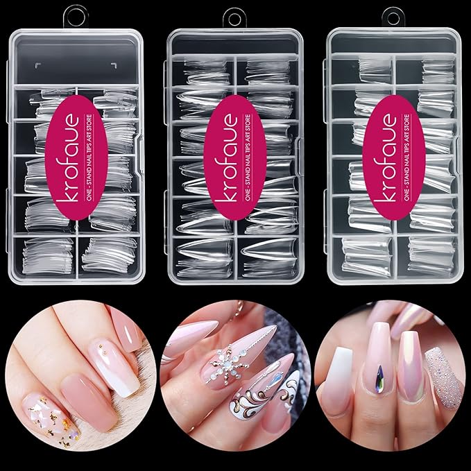 krofaue 3 Styles False Nail Tips Kit,340PCS Clear Coffin French Stiletto Nail Tips Half Cover Acrylic Artificial Press on Nails for Nail Extension Soft Gel Tips Art DIY