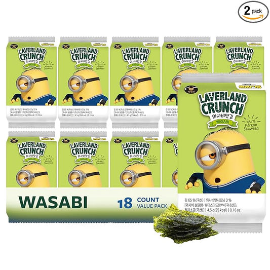 Laverland Crunch Minions Seaweed Snack Wasabi Flavor 18 Count (2 Packs), Korean Roasted Seaweed, Low Calorie, Vegan and Keto friendly, Gluten Free