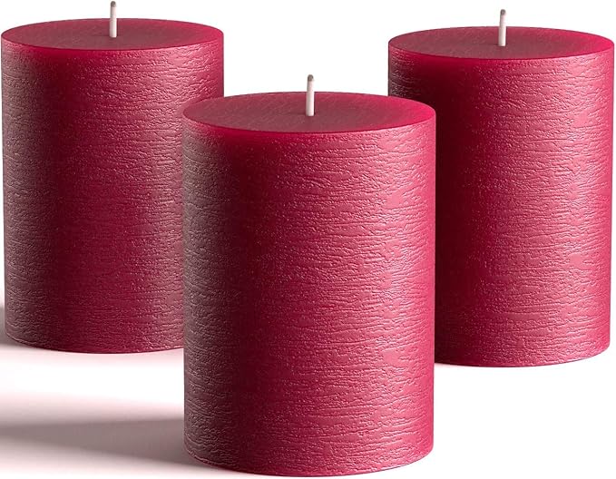 Set of 3 Pillar Candles 3" x 4" Unscented Handpoured Weddings, Home Decoration, Restaurants, Spa, Church Smokeless Cotton Wick - Burgundy
