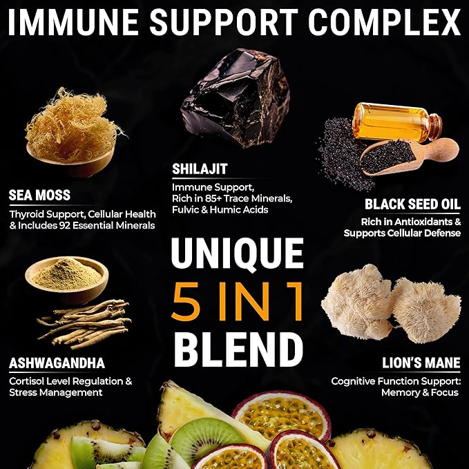 Organic Shilajit Gummies with Sea Moss Gummies - Shilajit Supplement for Immune Support - Pure Himalayan Shilajit and Ashwagandha with Sea Moss and Shilajit, Lion’s Mane Extract and Black Seed Oil