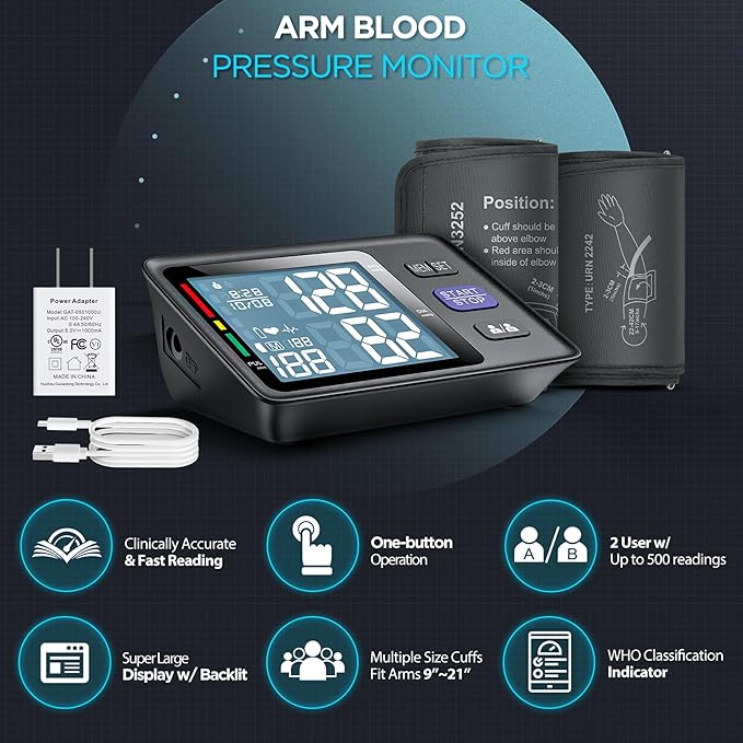 Blood Pressure Monitor Upper Arm, 2 Size Cuffs 9"-17" & 13"-21", Fit from Medium to XL Extra Large Arms, Automatic Digital BP Cuffs for Home Use, Large LCD with Backlit, BP Machine 2-User