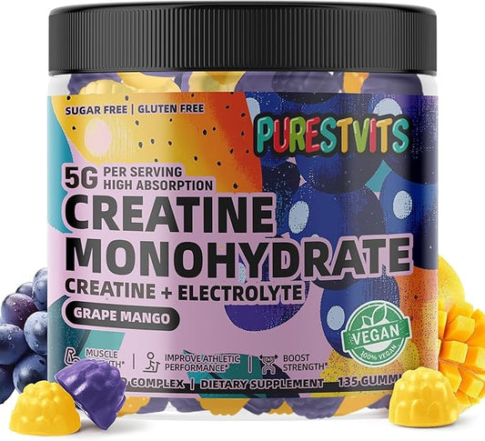 Creatine Monohydrate Gummies (5g) – Pre-Workout Energy & Muscle Growth Support for Men & Women | Grape Mango Electrolyte Gummies (135 Count)
