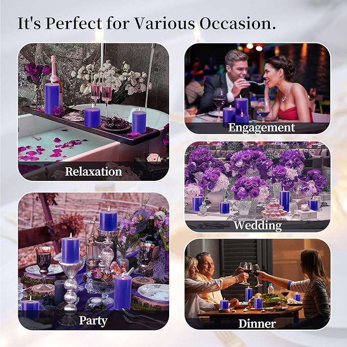 KONNI Violet Pillar Candles Set of 3, 3"x 6" Unscented Pillar Candles Bulk, 56 Hours Long Burning Candles, Smokeless and Dripless Large Round Candle for Wedding, Home Decoration, Parties, Spas, Dinner
