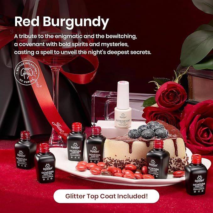 Beetles Red Gel Nail Polish Set with Top Coat, Winter Gel Polish 6 Colors Popular Shimmer Red Burgundy Nail Art Design Soak Off Uv LED Minicure DIY Home Gifts for Women