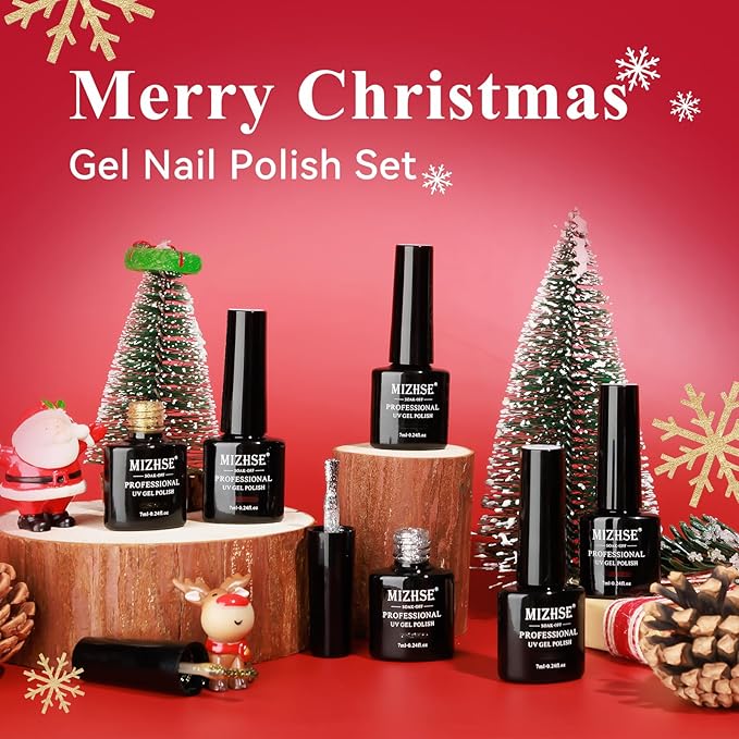 MIZHSE Christmas Gel Nail Polish, 6 Colors Sparkle Green Glitter Gold Silver Gel Polish Dark Green Red Gel Polish Kit, Long Lasting Soak Off Nail Art Manicure Home New Year Gift for Ladies
