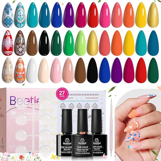 Beetles Gel Nail Polish Set, 20 Colors Gel Polish Kit Nude Pink White Red Green Neutral Color with Base Coat Matte Glossy Top Coat Soak Off UV Pen Stickers Tools Gifts for Women Boho Chic