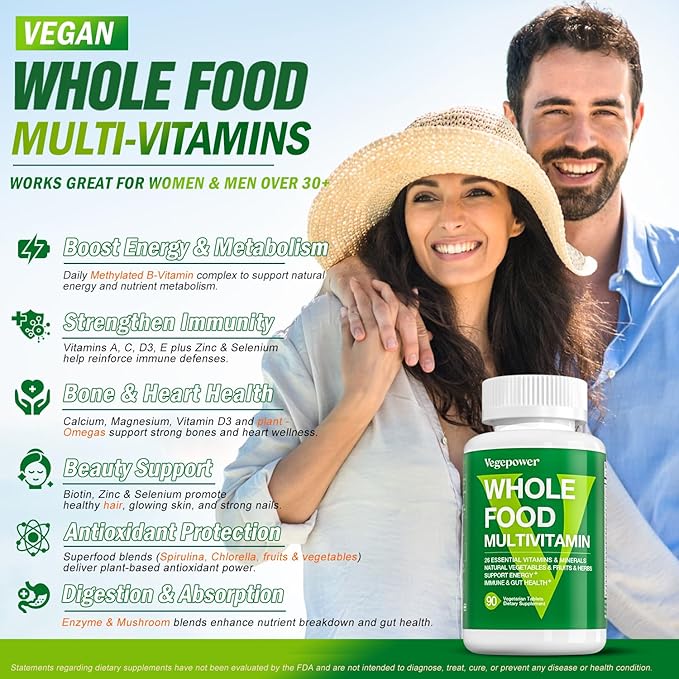 Vegan Whole Food Multivitamin with Iron, Daily Multivitamin for Men and Women, Methylated Multi Vitamins, B-Complex, Fruits & Vegetables, Enzymes, Omegas, Mushroom, Non-GMO, 90 Count