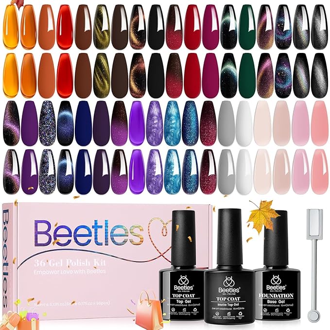 Beetles Halloween Gel Nail Polish - 39 Pcs Jelly Nail Set Glitter Changing Nail Polish Kit Treasure Box Collection with 3Pcs Base Matte and Glossy Top Soak Off Nails