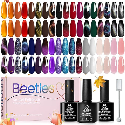 Beetles Halloween Gel Nail Polish - 39 Pcs Jelly Nail Set Glitter Changing Nail Polish Kit Treasure Box Collection with 3Pcs Base Matte and Glossy Top Soak Off Nails