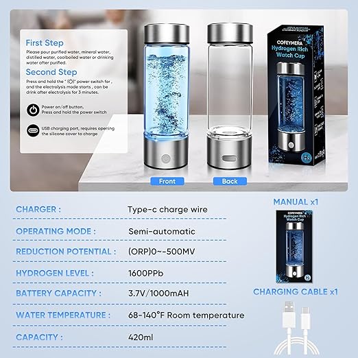 Upgraded Hydrogen Water Bottle Generator - Portable Rechargeable Hydrogen-Rich Water Machine, Rapid 3-Min for Enhanced Water Quality, Premium Travel-Friendly Design with SPE/PEM Tech (Silver)