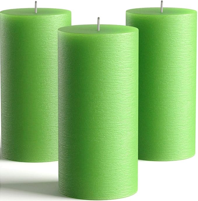 Set of 3 Pillar Candles 3" x 6" Unscented Handpoured Weddings, Home Decoration, Restaurants, Spa, Church Smokeless Cotton Wick - Green