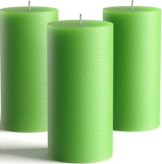 Set of 3 Pillar Candles 3" x 6" Unscented Handpoured Weddings, Home Decoration, Restaurants, Spa, Church Smokeless Cotton Wick - Green