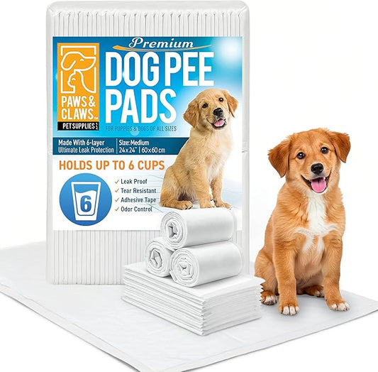 Paws & Claws Premium Disposable Dog & Puppy Pee Pads – Medium 24"x24", 50 Count – 6-Layer Leak‑Proof, Super Absorbent (Holds 6 Cups), Odor Control, Quick‑Drying, Non‑Slip – Puppy & Senior Training