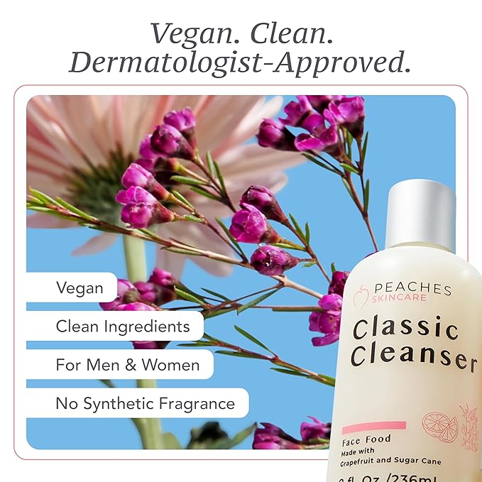 Peaches Skincare Hydrating Facial Cleanser – Vegan Face Wash with Grapefruit, Sugar Cane, and Gotu Kola – Lightly Exfoliating Daily Formula for All Skin Types – Classic Cleanser – 8 oz