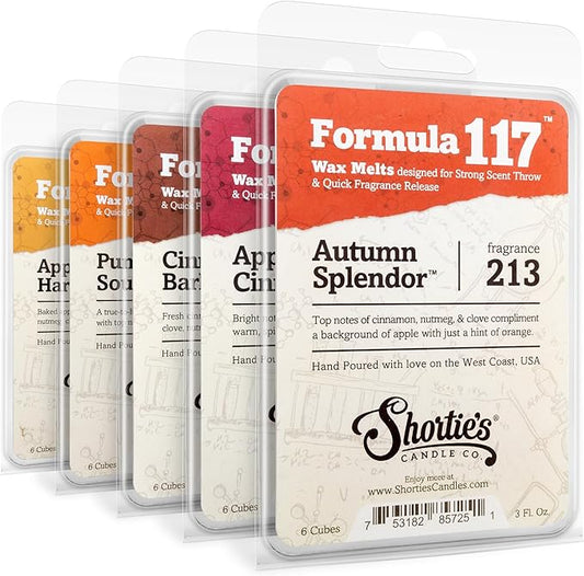 Shortie's Candle Company Fall Spice Wax Melts Variety 5 Pack - Formula 117-5 Highly Scented 3 Oz. Bars - Made with Natural & Essential Oils - Fall Warmer Wax Cubes