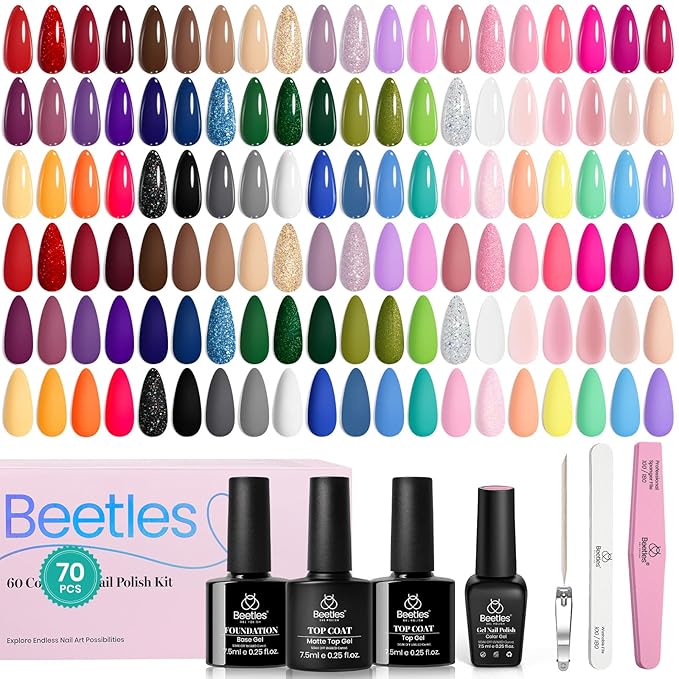 Beetles Winter Gel Nail Polish Set, 70 PCS 60 Colors Red Green Pink Brown Blue Nude Glitter Gel Nail Polish Kit with Base Top Coat for Beginners UV LED Needed DIY Salon Christmas Gifts for Women