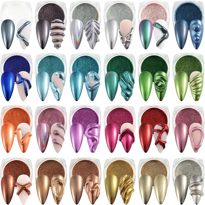 24 Colors Chrome Nail Powder Set Metallic Mirror Effect Holographic Nail Powder Iridescent Aurua Nail Chrome Powder Pigment Dust for Nail Art Decor French Manicure Supplies