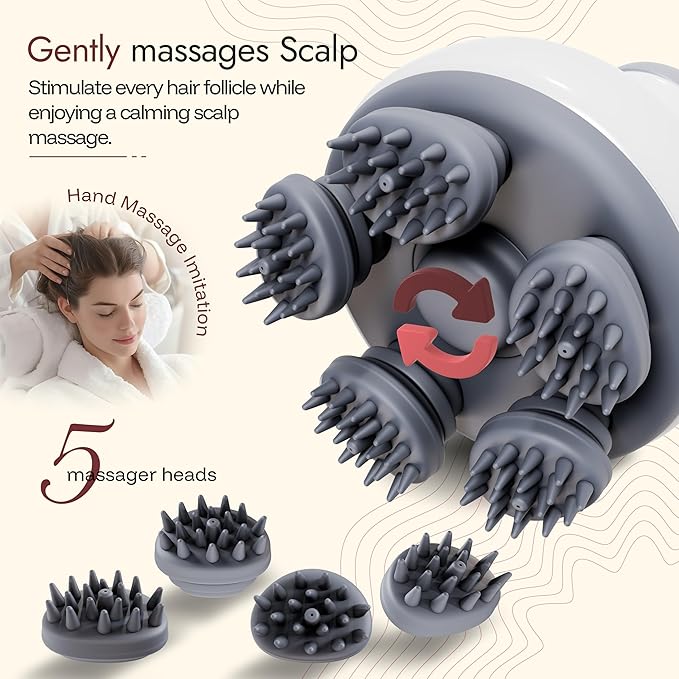 Electric Scalp Massager Hair Care w/ 4 Massage Modes & Oil Compartment - Head Massager Scalp Comfort - Removable Silicone Heads, Rechargeable, Soothing Sensation - Portable Cordless Scalp Massager