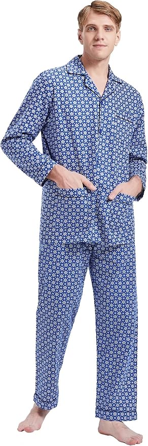 GLOBAL Men's Pajamas Sets 100% Cotton Flannel Sleepwear Long-Sleeve top & Bottom