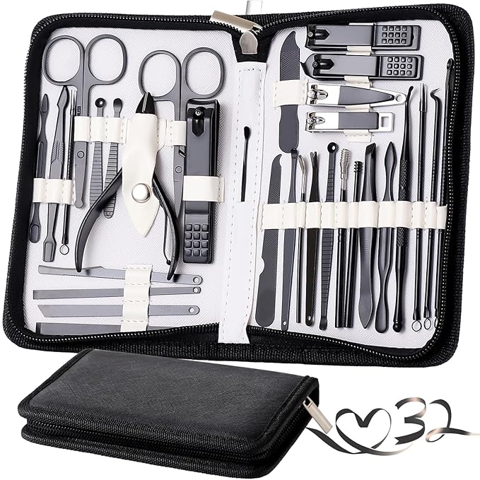 Manicure Set Pedicure Kit Womens Nail Clippers Set 32 in 1 Professional Grooming Care Tools Nail Kit Including Facial, Fingernails and Toenails Care with Travel Case Women (White/Black_32 in 1)