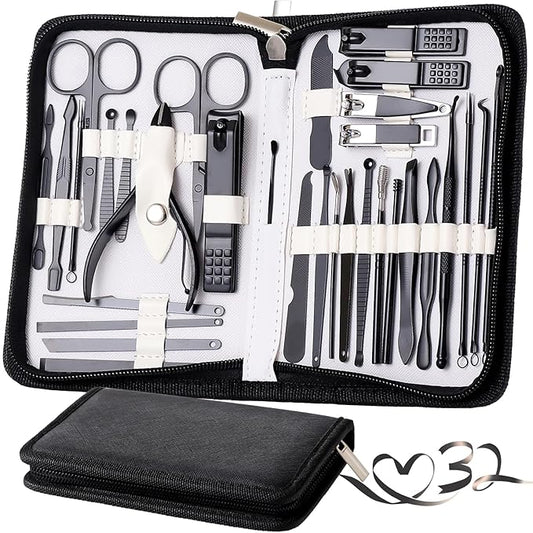 Manicure Set Pedicure Kit Womens Nail Clippers Set 32 in 1 Professional Grooming Care Tools Nail Kit Including Facial, Fingernails and Toenails Care with Travel Case Women (White/Black_32 in 1)