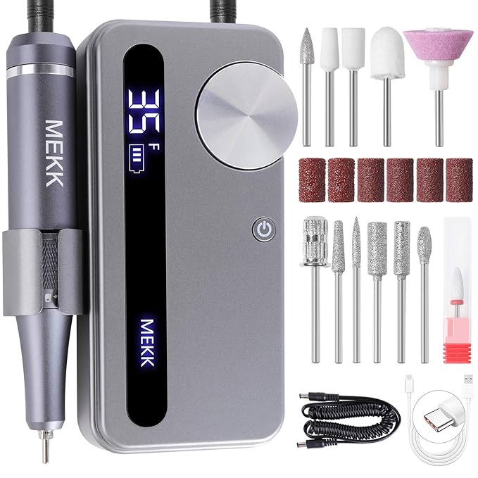 MEKK Nail Drill Kit,35000RPM Electric Nail Drill Professional Electric Nail File with 12PCS Bits,Anti-Shaking Cordless E Filer for Nails,Home & Salon(Sliver)