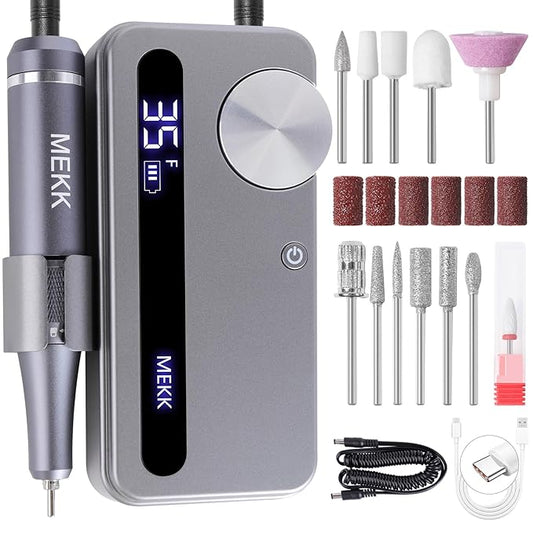 MEKK Nail Drill Kit,35000RPM Electric Nail Drill Professional Electric Nail File with 12PCS Bits,Anti-Shaking Cordless E Filer for Nails,Home & Salon(Sliver)