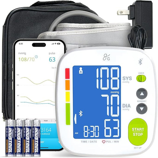 Greater Goods Bluetooth Blood Pressure Monitor, Upper Arm BP Machine with Adjustable 8.7”-16.5” Cuff, iOS and Android App Compatibility, Portable with Carrying Case