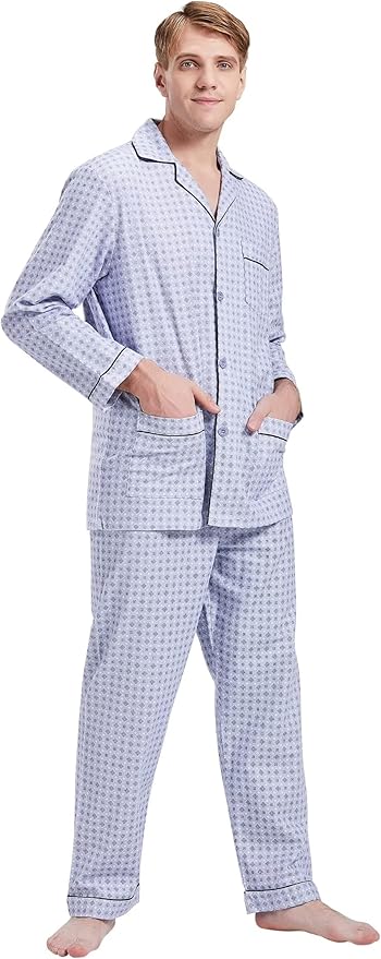 GLOBAL Men's Pajamas Sets 100% Cotton Flannel Sleepwear Long-Sleeve top & Bottom