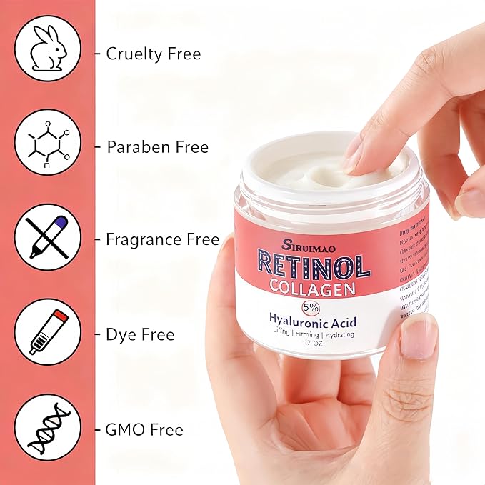 Retinol, Collagen & Hyaluronic Acid Cream, Anti-Wrinkle Face Moisturizer for Day & Night Use | Firming Neck & Décolleté Treatment 1.7 fl oz