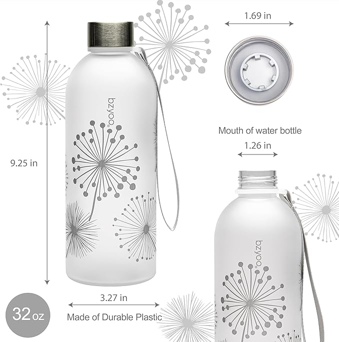 bzyoo 32oz 1 Liter Clear Water Bottle with Time Marker, Dandelion Design, Durable Plastic, BPA-Free, Reusable with Measurement Markings for Fitness and Outdoor Activities (Color: Silver)