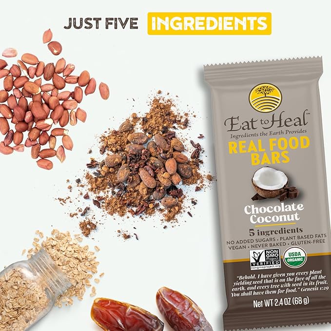 EatToHeal Chocolate Coconut Real Food Bar - Organic Vegan Healthy Gluten Free Protein Bars - Low Sugar Meal Replacement Bar, Non GMO, Never Baked, Plant Based - Crafted to Enjoy, Not Sit on Shelves