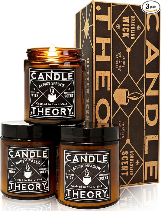 Scented Candle Gift Set with Crackling Wood Wicks 3, 4oz Candles, Misty Falls, Alpine Spruce, Spring Meadow - Designed for Both Men Women, Man Cave Decor Wood Wicks Candle Candles for Home