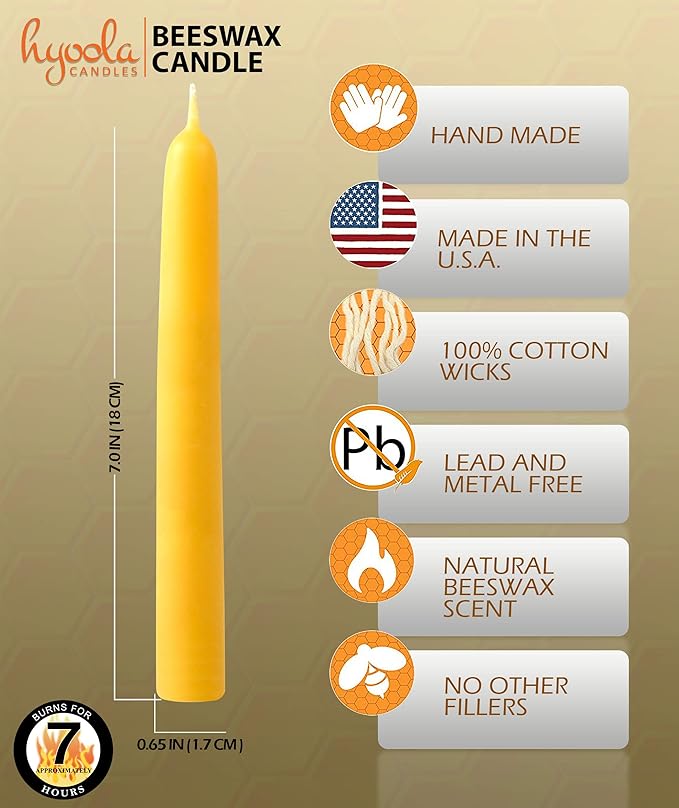 Hyoola 7 Inch Beeswax Taper Candles 12 Pack - Handmade, All Natural, 100% Pure Unscented Bee Wax Candle - Tall, Decorative, Golden Yellow - 7 Hour Burn Time