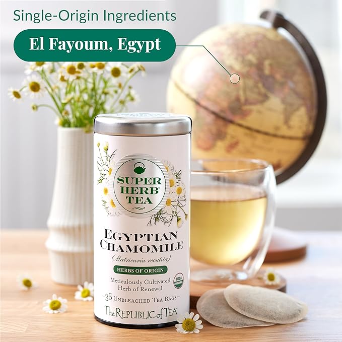The Republic of Tea — Organic Egyptian Chamomile SuperHerb Tea Tin, 36 Herbal Tea Bags, Naturally Caffeine-Free Herbs of Origin