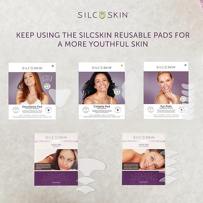 Silc Skin Complete Chest And Neck Care Set With Decollette And Collette Pads, Reusable Medical Grade Silicone For Sleep Lines, Holiday Anti Wrinkle Gift Set For Her, 30 Day Supply