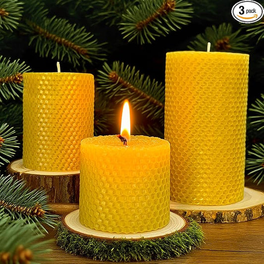 Beeswax Pillar Candles Set of 3, Size 3"x6", 3"x 4" & 3"x 3", Natural Bees Wax Candle Sheet Handrolled for Home Décor, Yellow