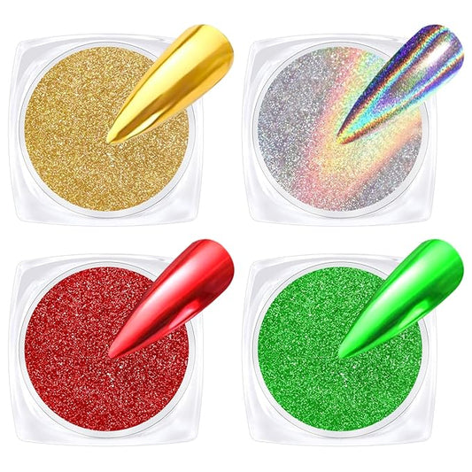 Gold Chrome Nail Powder - 4 Colors Christmas Red Green Laser Gold Nail Chrome Powder, Sparkly Holographic Chrome POwder for Nails Mirror Effect Glitter Pigment Dust - Christmas Nail Design