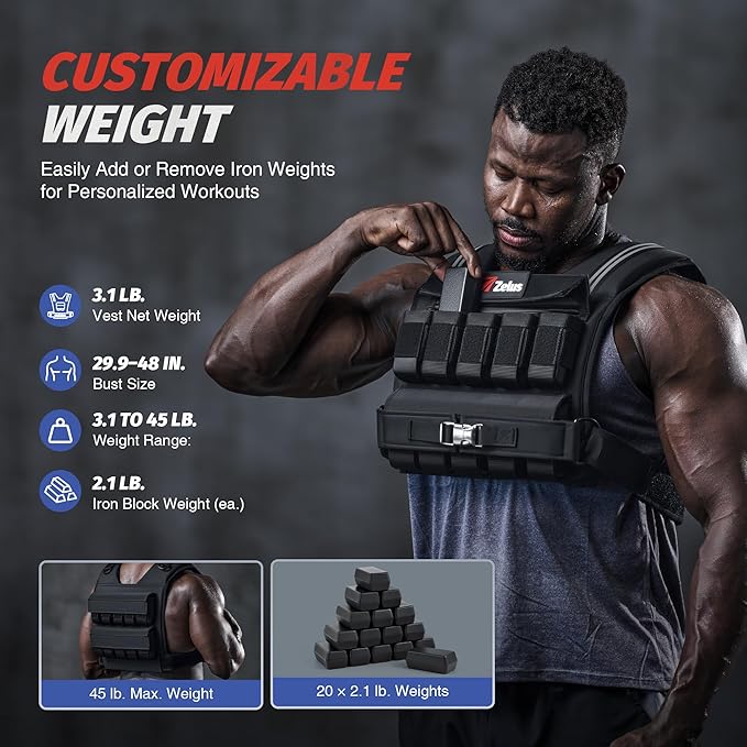 ZELUS Weighted Vest Men, 23/36/45 lb. Weight Vest with 10/16/20 Adjustable Iron Weights for Muscle Building Strength & Functional Training, Weighted Vest for Women with Reflective Strips.