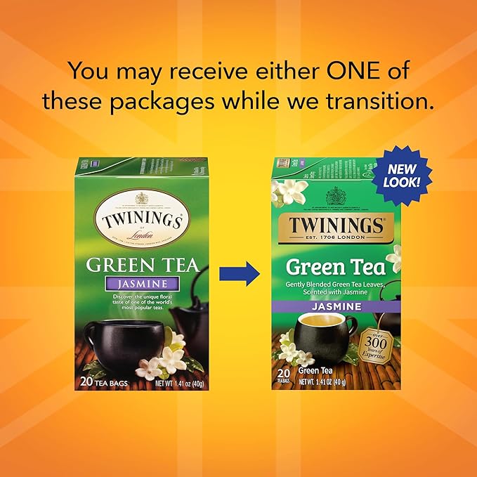 Twinings Green Tea with Jasmine Individually Wrapped Bags, 20 Count (Pack of 1), Fragrant Floral Scent, Caffeinated, Enjoy Hot or Iced, 20 Teabags