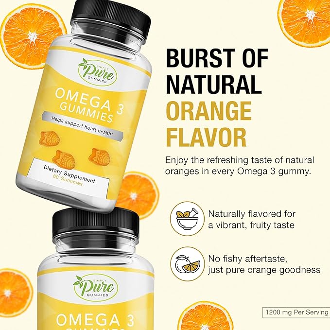 Pure By Nature Omega 3 Gummies for Adults & Kids, Omega 3 Fatty Acid Supplements with Omega 3 6 9 for Circulatory Support, No Fish Oil Orange Flavor Omega Gummies, 60 Days Supply (60 Count)