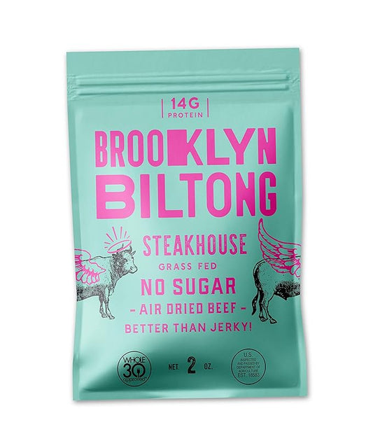 Brooklyn Biltong - Air Dried Grass Fed Beef Snack, South African Beef Jerky - Whole30 Approved, Paleo, Keto, Gluten Free, Sugar Free, Made in USA - 2 oz (Steakhouse)