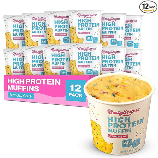 Bootylicious | High-Protein Muffin | 25g Protein, 7g Net Carbs, 2.32-2.75oz Cup, 12-Pack (Birthday Cake)