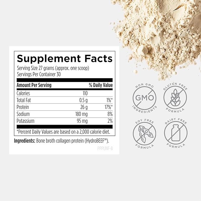 Designs for Health Bone Broth Protein Powder - 26g Grass-Fed, Collagen-Rich Beef Protein Isolate – Unflavored, Paleo, Non-GMO, Dairy-Free (30 Servings / 810g)