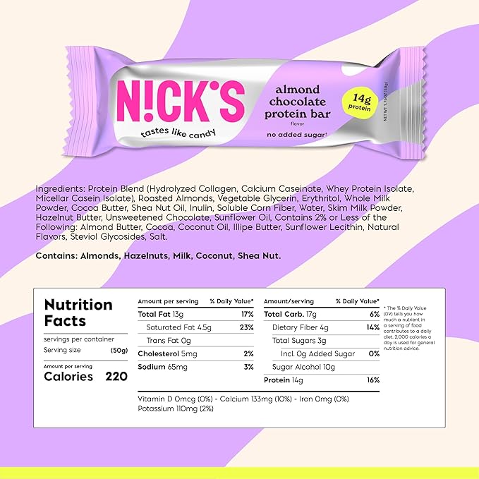 Nick's Protein Bars Chocolate | High Protein | Lowcalories | Low Carb Keto Friendly Snacks No Added Sugar (Multipack 12 bars x 50g) (12 Count (Pack of 1), Almond Chocolate)