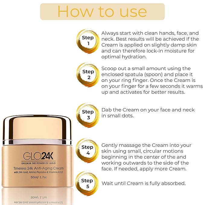 GLO24K Timeless Anti-Aging Cream with 24k Gold, Potent Peptides, and Vitamins A,C,E and Retinol