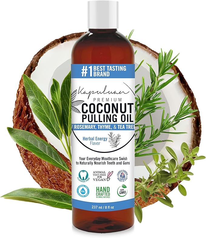 Kapuluan Coconut Oil Pulling for Teeth and Gums Mouthwash, 100% Pure and Natural, Non-GMO, Ayurvedic– with Rosemary, Thyme, and Tea Tree Essential Oil