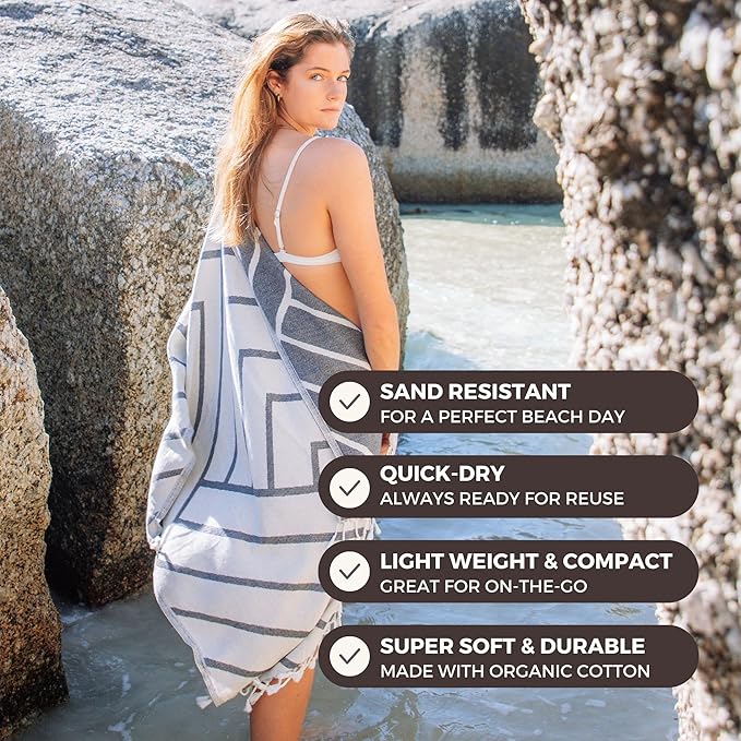 FESHKA Sand Proof Turkish Beach Towel – Oversized, Quick Dry & Lightweight Travel Towel - 100% Organic Cotton Beach Blanket - Perfect for Bath, Pool & Picnic | Explorer (Dark Navy)