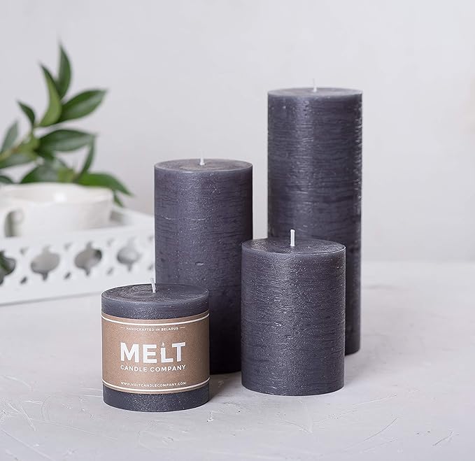 Set of 3 Pillar Candles 3" x 4" Unscented Handpoured Weddings, Home Decoration, Restaurants, Spa, Church Smokeless Cotton Wick - Dark Grey